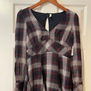 Free People Plaid Long Sleeve Mini Dress